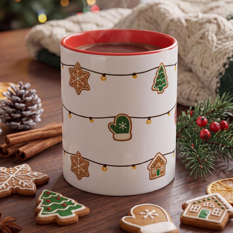 Christmas Cookie Mug, Gingerbread Coffee Mug, Holiday Cookie Lights Mug, Cute Christmas Cup, Festive Winter Mug, Simple Christmas Gift