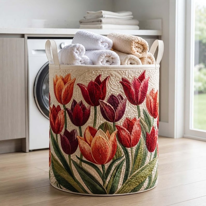 Tulip Field Quilted Laundry Basket: Spring Floral Clothes Hamper, Gift For Grandma
