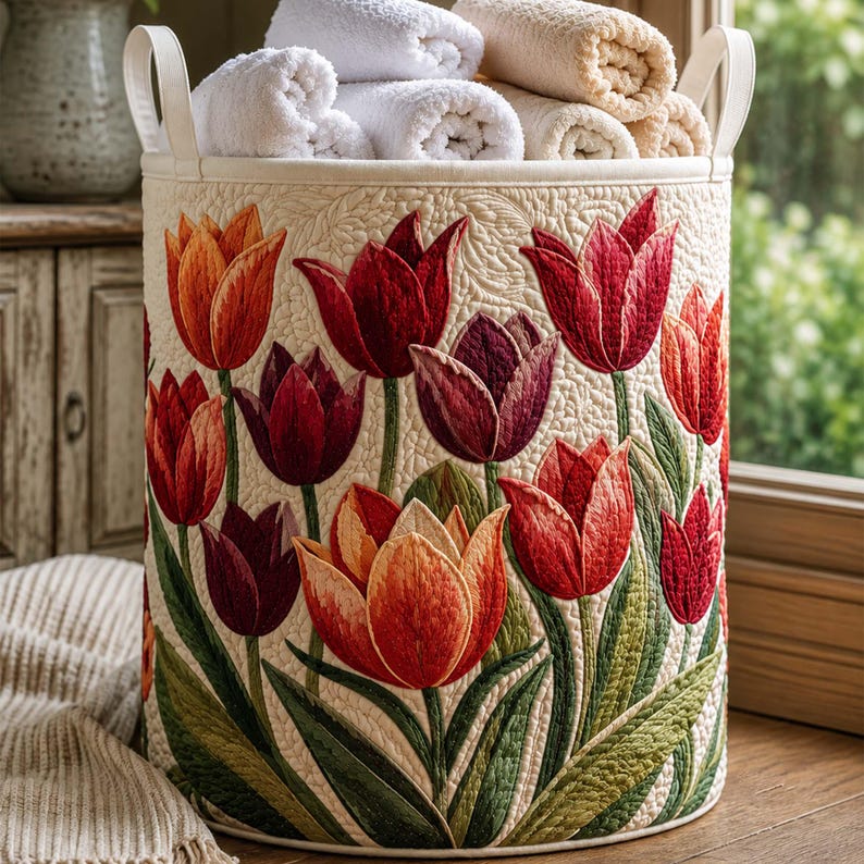 Tulip Field Quilted Laundry Basket: Spring Floral Clothes Hamper, Gift For Grandma
