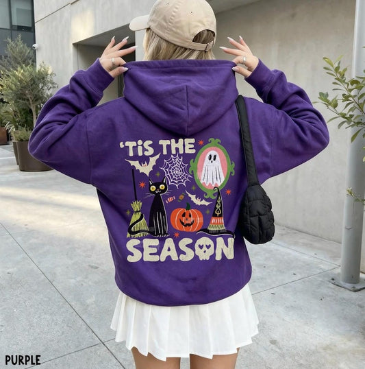 Tis the Season Halloween Hoodie, Retro Halloween Hoodie, Ghost Skeleton Pumpkin Halloween Hooded Sweatshirt, Y2K Halloween, Women's Fall Top