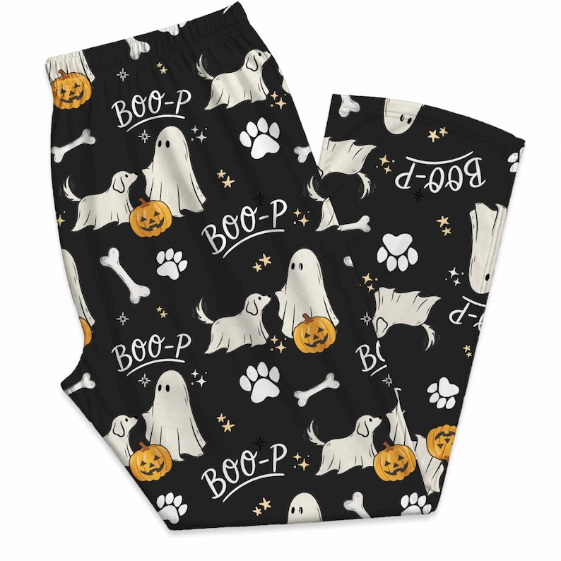 Boo-P Ghost Dog Pajama Pants, Funny Halloween Dog Pajamas, Spooky Ghost Puppy Lounge Pants, Dog Mom Halloween Gift, Cozy Fall PJs