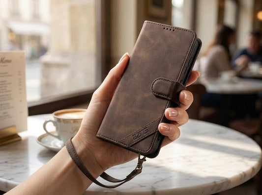 Samsung Folio Wallet Case, Vegan Leather Phone Cover, Galaxy Flip Case with Strap, Leather Card Holder, Protective Mobile Accessory