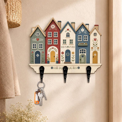 Folk House Key Holder, Colorful Village Wall Key Rack, Scandinavian Floral Home Decor, Entryway Organizer, Wooden Key Hooks
