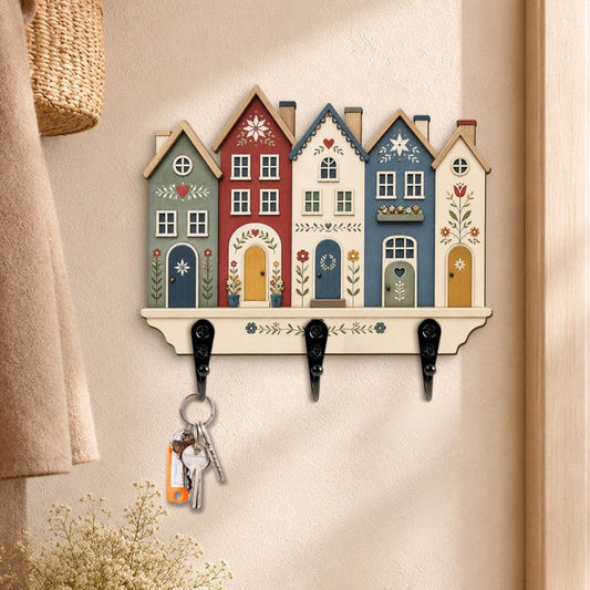 Folk House Key Holder, Colorful Village Wall Key Rack, Scandinavian Floral Home Decor, Entryway Organizer, Wooden Key Hooks