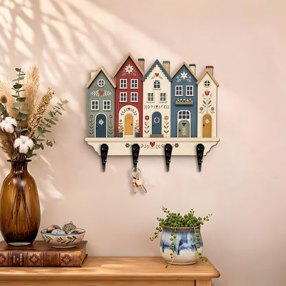 Folk House Key Holder, Colorful Village Wall Key Rack, Scandinavian Floral Home Decor, Entryway Organizer, Wooden Key Hooks