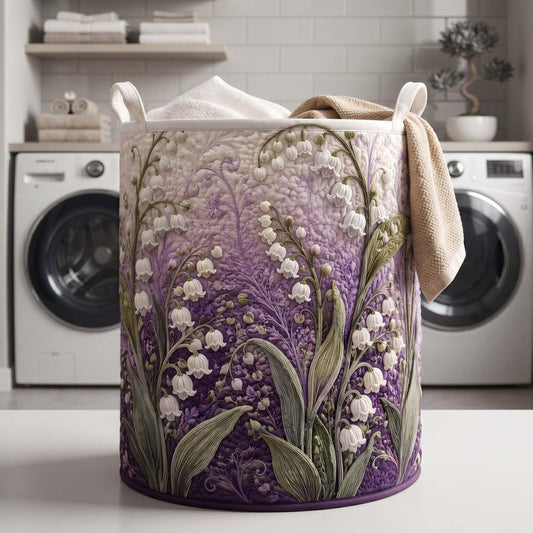 Lily Of The Valley Quilted Laundry Basket: Botanical Floral Storage Bin, Garden Flower Fabric Hamper