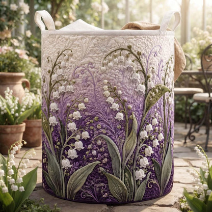 Lily Of The Valley Quilted Laundry Basket: Botanical Floral Storage Bin, Garden Flower Fabric Hamper
