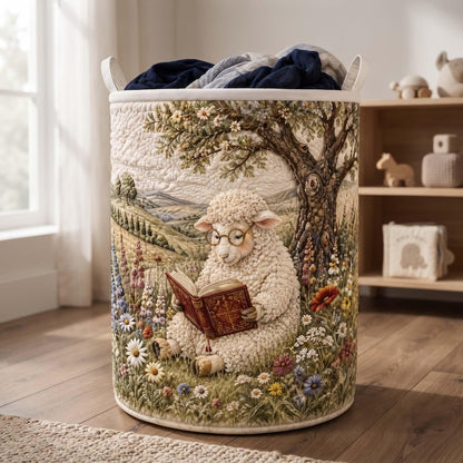 Reading Sheep Quilted Laundry Basket: Cute Farm Animal Storage Bin, Bookish Cozy Fabric Hamper