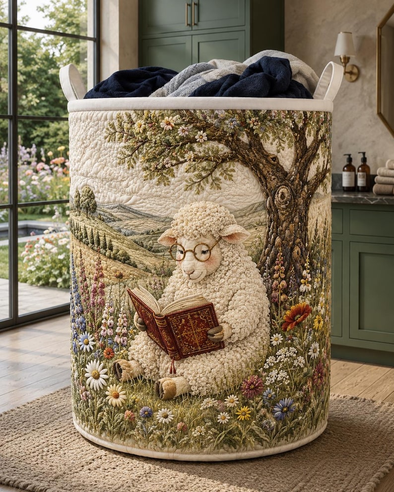 Reading Sheep Quilted Laundry Basket: Cute Farm Animal Storage Bin, Bookish Cozy Fabric Hamper