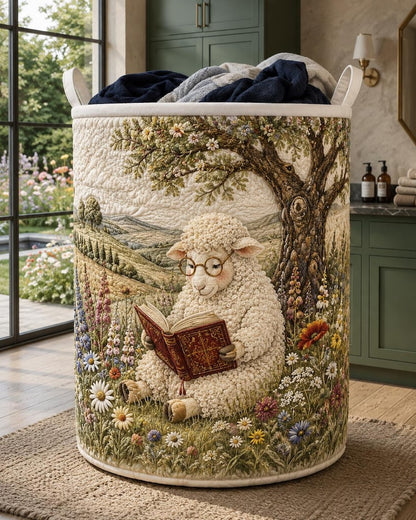 Reading Sheep Quilted Laundry Basket: Cute Farm Animal Storage Bin, Bookish Cozy Fabric Hamper