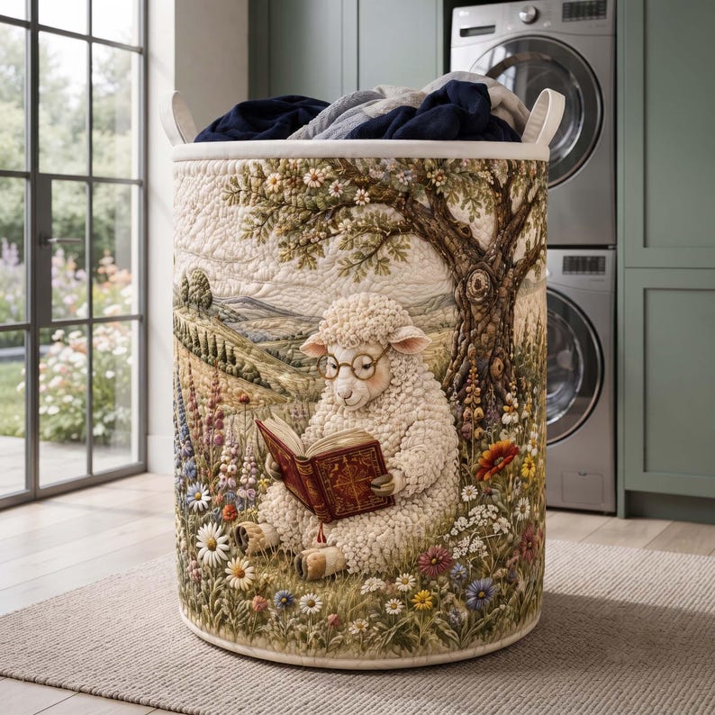 Reading Sheep Quilted Laundry Basket: Cute Farm Animal Storage Bin, Bookish Cozy Fabric Hamper