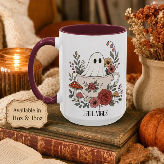 Fall Vibes Ghost Mug, Floral Teacup Halloween Coffee Cup, Cottagecore Autumn Ceramic