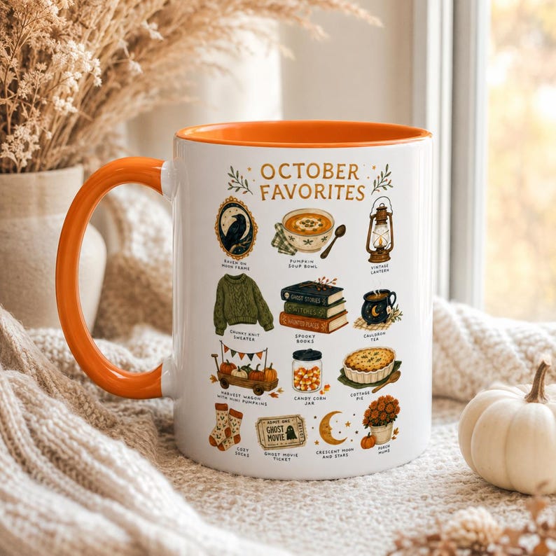 October Favorites Mug, Autumn Vibes Coffee Cup, Spooky Season Bookish Mug (11oz or 15oz)