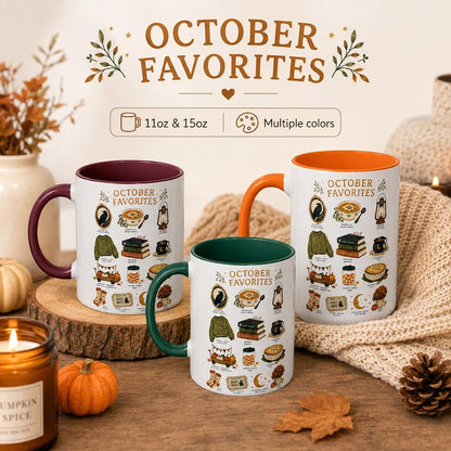 October Favorites Mug, Autumn Vibes Coffee Cup, Spooky Season Bookish Mug (11oz or 15oz)