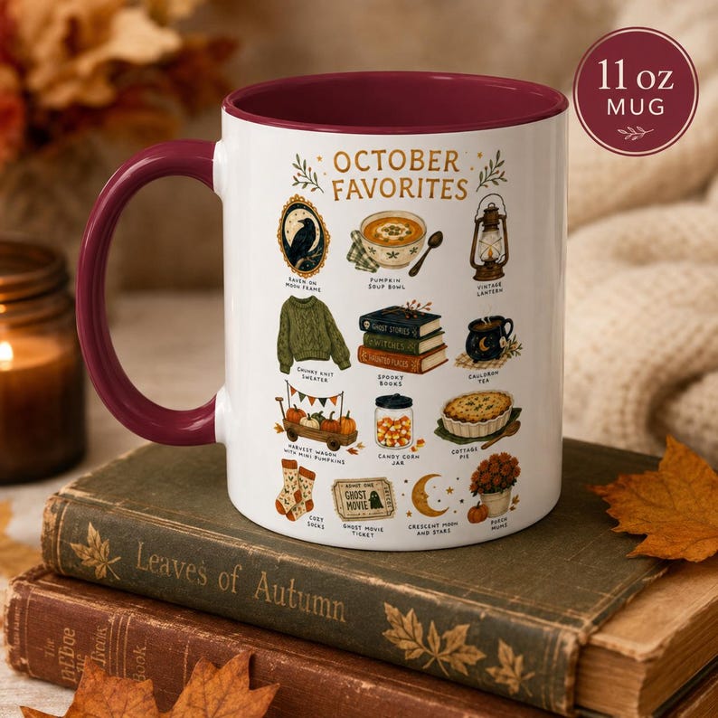 October Favorites Mug, Autumn Vibes Coffee Cup, Spooky Season Bookish Mug (11oz or 15oz)