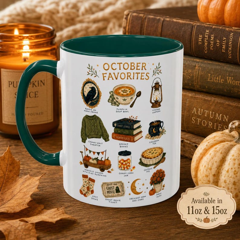 October Favorites Mug, Autumn Vibes Coffee Cup, Spooky Season Bookish Mug (11oz or 15oz)