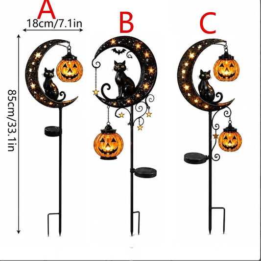 Solar Halloween Garden Stakes Lights, Black Cat & Pumpkin Lantern Pathway Lights, Outdoor Metal Yard Art Spooky Fall Decor Gift