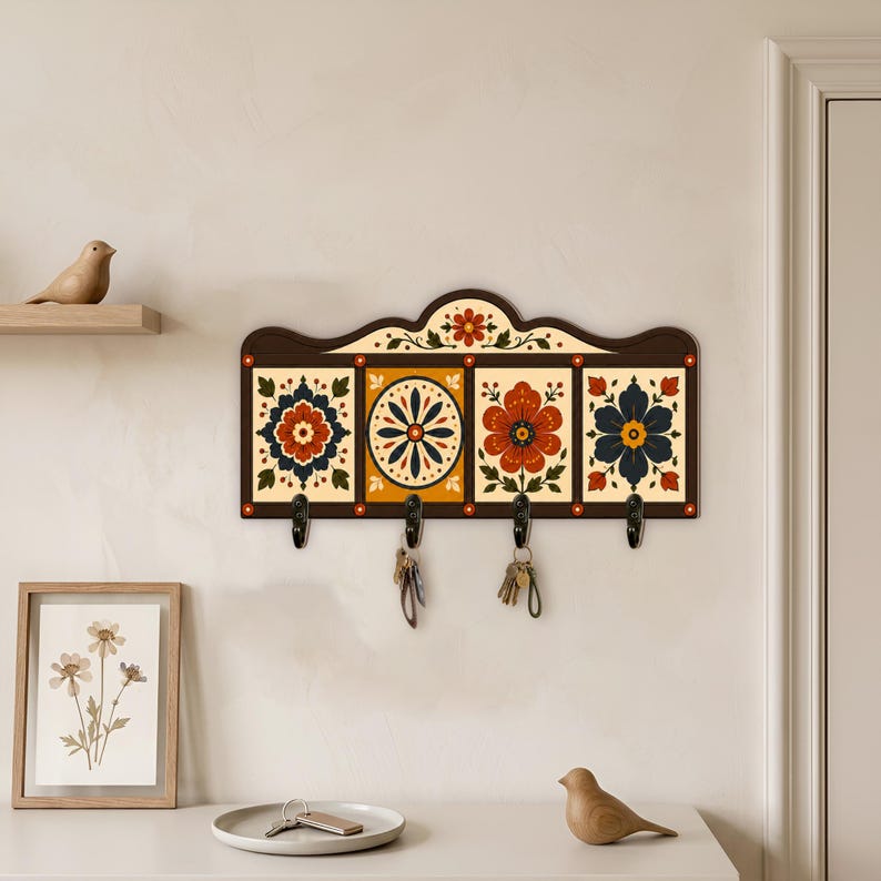 Vintage Folk Floral Wooden Key Holder for Wall: Tile Pattern Entryway Hanger