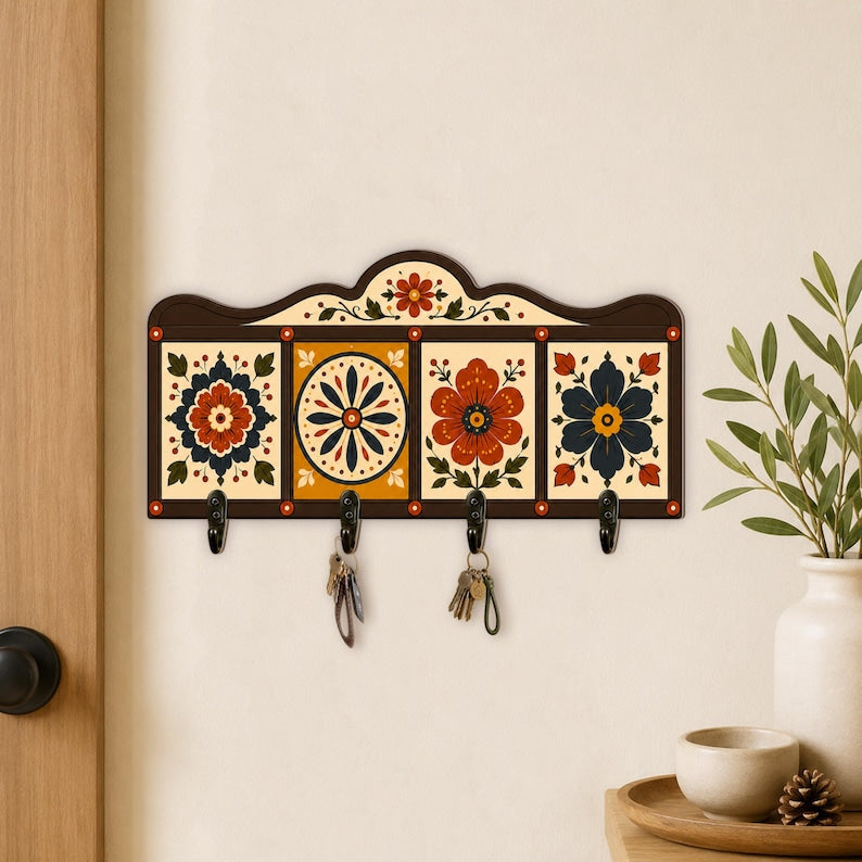 Vintage Folk Floral Wooden Key Holder for Wall: Tile Pattern Entryway Hanger