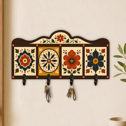 Vintage Folk Floral Wooden Key Holder for Wall: Tile Pattern Entryway Hanger