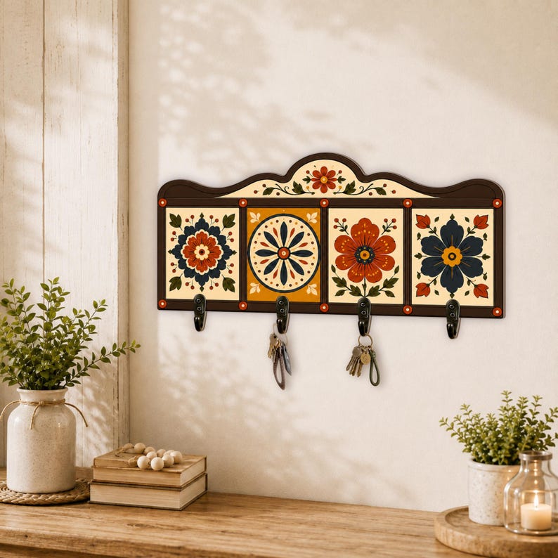 Vintage Folk Floral Wooden Key Holder for Wall: Tile Pattern Entryway Hanger