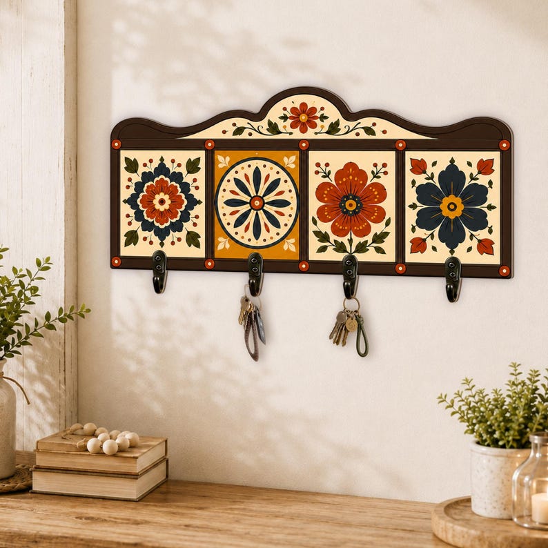 Vintage Folk Floral Wooden Key Holder for Wall: Tile Pattern Entryway Hanger