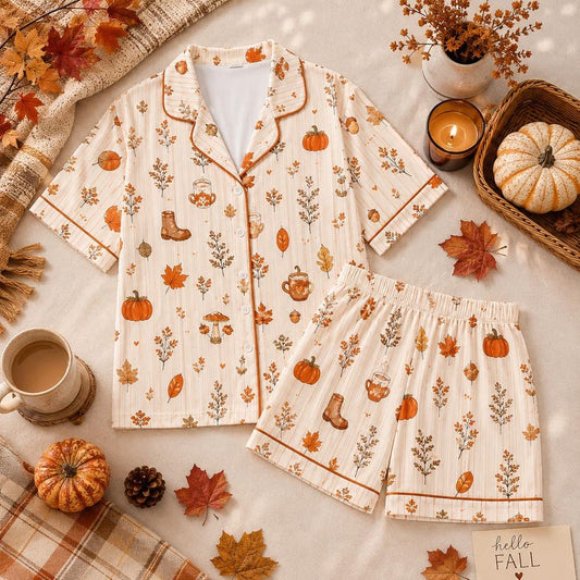 Fall Pajama Set for Women, Pumpkin Spice Pajamas, Autumn Floral Pajama Set, Cute Cozy Sleepwear, Short and Long Sleeve, Gift for Her