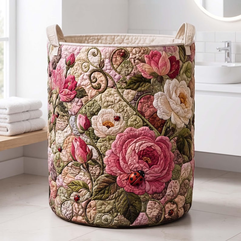 Pink Peony Ladybug Quilted Laundry Basket: Botanical Rose Garden Storage Bin, Cottagecore Floral Fabric Hamper