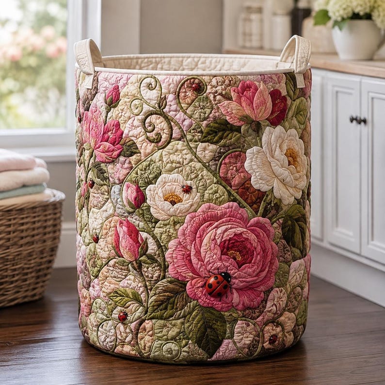 Pink Peony Ladybug Quilted Laundry Basket: Botanical Rose Garden Storage Bin, Cottagecore Floral Fabric Hamper