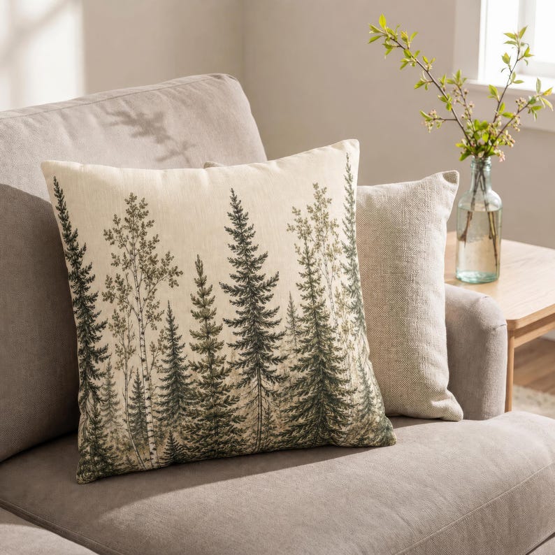 Forest Pillow Cover, Evergreen Tree Throw Pillowcase, Rustic Woodland Cabin Decor, Neutral Cottagecore Pine Tree Cushion Case Gift for Home