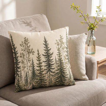 Forest Pillow Cover, Evergreen Tree Throw Pillowcase, Rustic Woodland Cabin Decor, Neutral Cottagecore Pine Tree Cushion Case Gift for Home