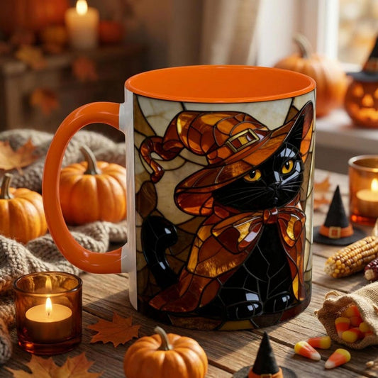 Stained Glass Halloween Cat Mug, Witch Cat Ghost Mummy Coffee Cup, Cat Lover Halloween Gift, Spooky Cat Mug, Black Cat Witch Gift For Her