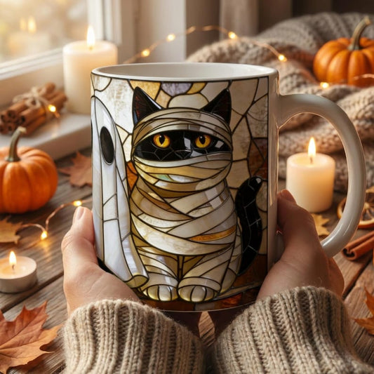 Stained Glass Halloween Cat Mug, Witch Cat Ghost Mummy Coffee Cup, Cat Lover Halloween Gift, Spooky Cat Mug, Black Cat Witch Gift For Her
