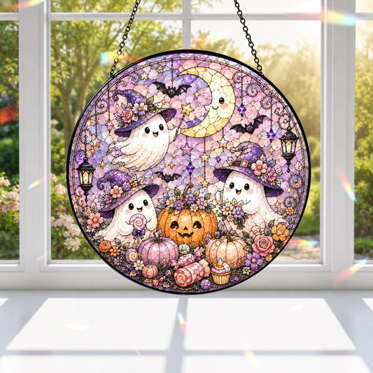 Boo Ghost Suncatcher, Gothic Halloween Window Hanging, Spooky Ghost Decor, Stained Glass Style Ornament, Witchy Halloween Decoration