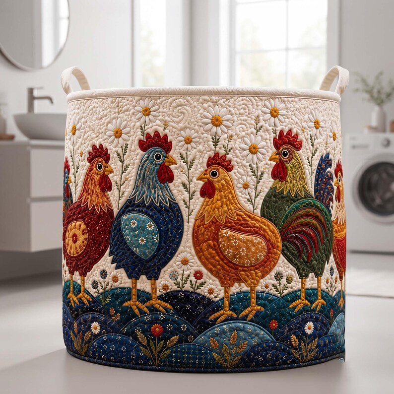 Floral Chicken Quilted Laundry Hamper: Farmhouse Storage Bin, Cute Rooster Hamper