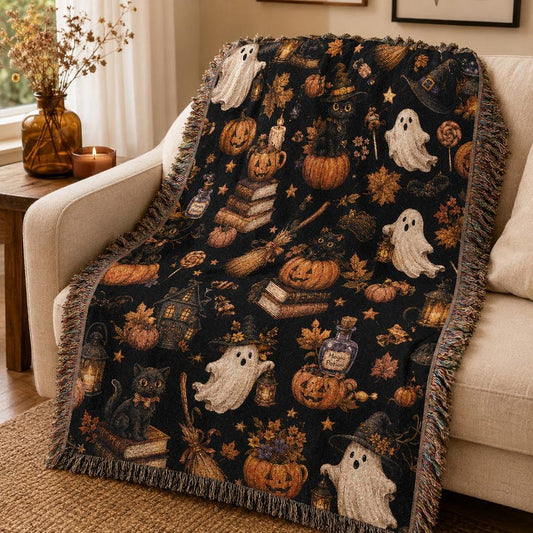 Halloween Woven Blanket Gothic Autumn Throw Cozy Fall Blanket Black Cat Ghost Pumpkin Decor Witchy Home Gift