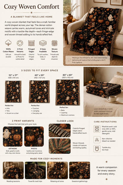 Halloween Woven Blanket Gothic Autumn Throw Cozy Fall Blanket Black Cat Ghost Pumpkin Decor Witchy Home Gift