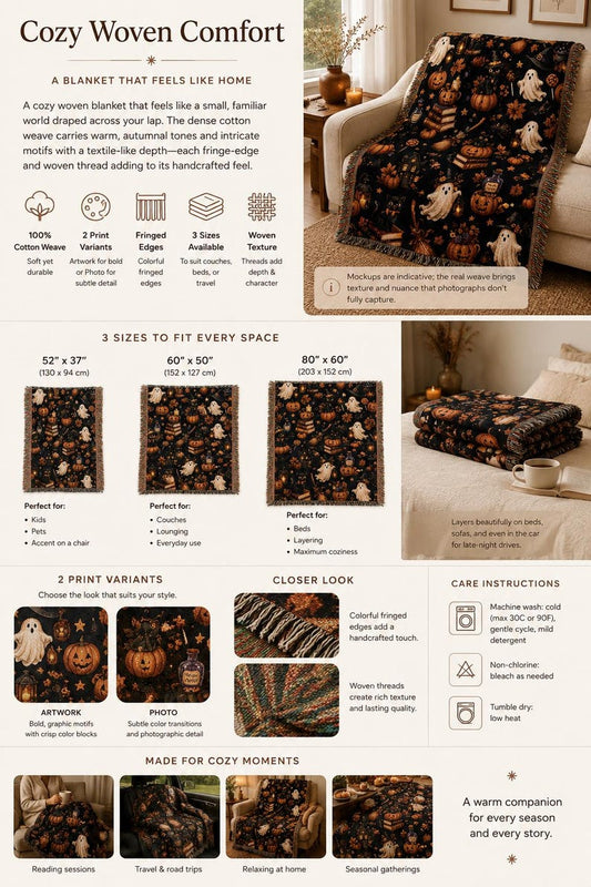 Halloween Woven Blanket Gothic Autumn Throw Cozy Fall Blanket Black Cat Ghost Pumpkin Decor Witchy Home Gift