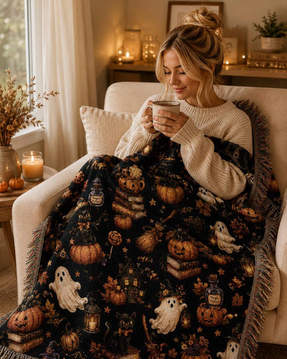 Halloween Woven Blanket Gothic Autumn Throw Cozy Fall Blanket Black Cat Ghost Pumpkin Decor Witchy Home Gift