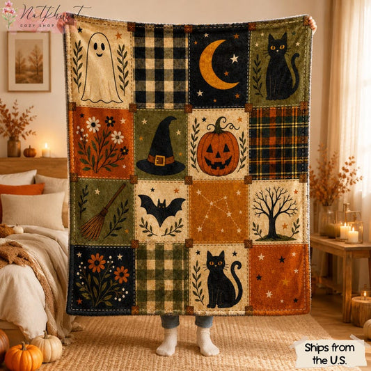 Vintage Halloween Flannel Blanket, Patchwork Ghost Black Cat Pumpkin Throw, Witch Hat Bat Fall Decor, Cozy Cottagecore Spooky Autumn Gift