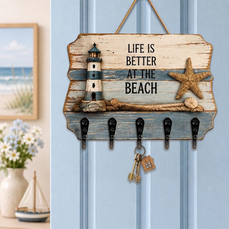 Coastal Key Holder, Lighthouse Wall Decor, Beach House Entryway, Nautical Home Gift