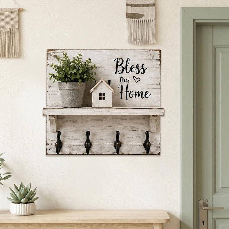 Farmhouse Key Holder, Bless This Home Wall Decor, Rustic Entryway Organizer, Housewarming Gift