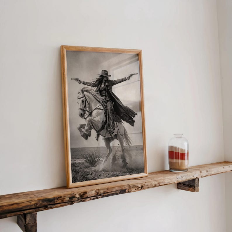 Gunslinger Cowgirl Poster, Wild West Horse Riding Wall Art, Vintage Outlaw Photography, Western Female Cowboy with Guns Living Room Decor