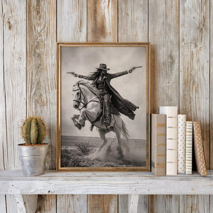 Gunslinger Cowgirl Poster, Wild West Horse Riding Wall Art, Vintage Outlaw Photography, Western Female Cowboy with Guns Living Room Decor