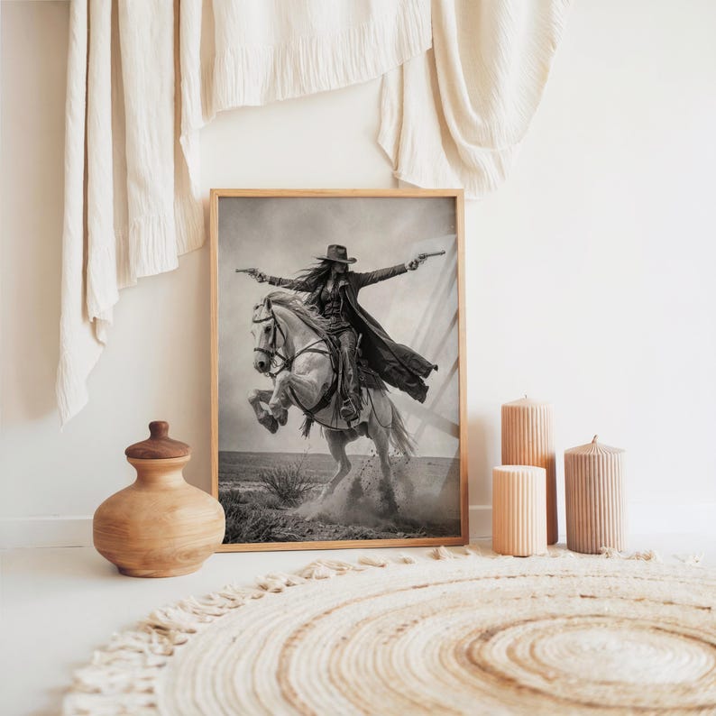 Gunslinger Cowgirl Poster, Wild West Horse Riding Wall Art, Vintage Outlaw Photography, Western Female Cowboy with Guns Living Room Decor
