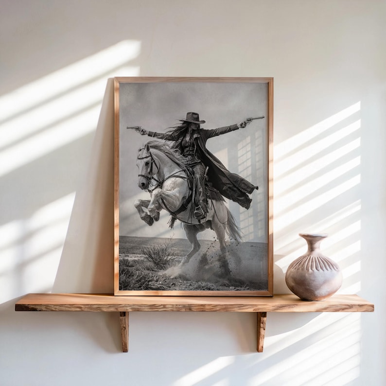 Gunslinger Cowgirl Poster, Wild West Horse Riding Wall Art, Vintage Outlaw Photography, Western Female Cowboy with Guns Living Room Decor