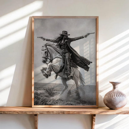 Gunslinger Cowgirl Poster, Wild West Horse Riding Wall Art, Vintage Outlaw Photography, Western Female Cowboy with Guns Living Room Decor
