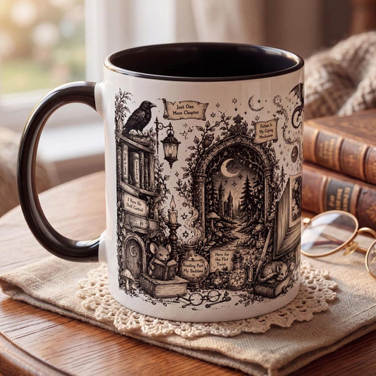 Dark Academia Book Mug, Fantasy Reader Mug, Celestial Bookish Mug, Vintage Witchy Coffee Mug, Dragon Book Lover Gift, Astrology Mug