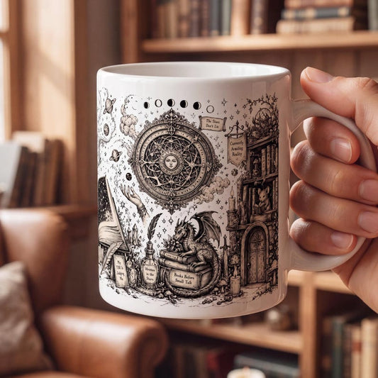 Dark Academia Book Mug, Fantasy Reader Mug, Celestial Bookish Mug, Vintage Witchy Coffee Mug, Dragon Book Lover Gift, Astrology Mug