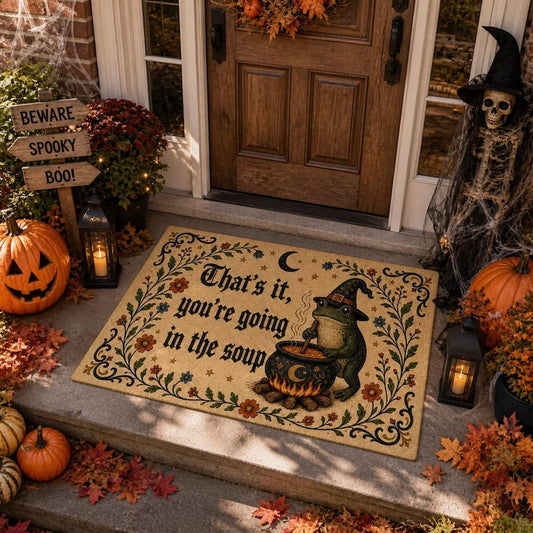 Printed Halloween Fabric Doormat with Witch Frog, Cauldron and Soup Meme Quote